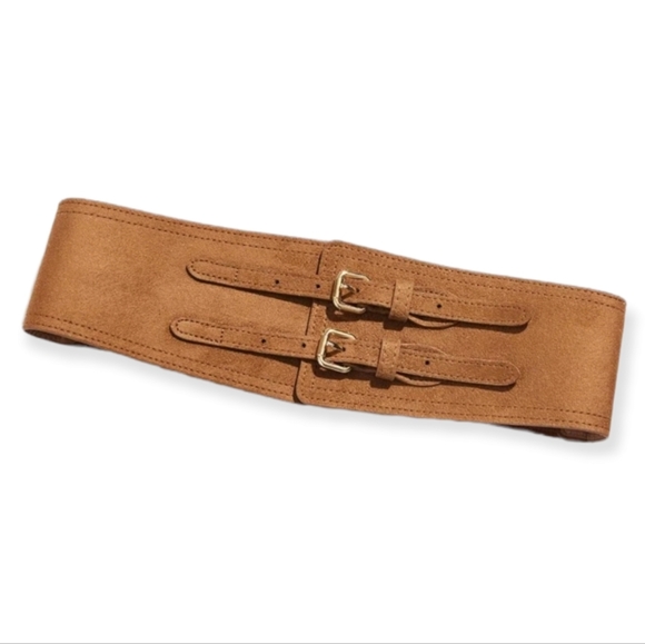 Boho Brown Wide faux suede leather double buckle corset waist elastic belt - Picture 8 of 12